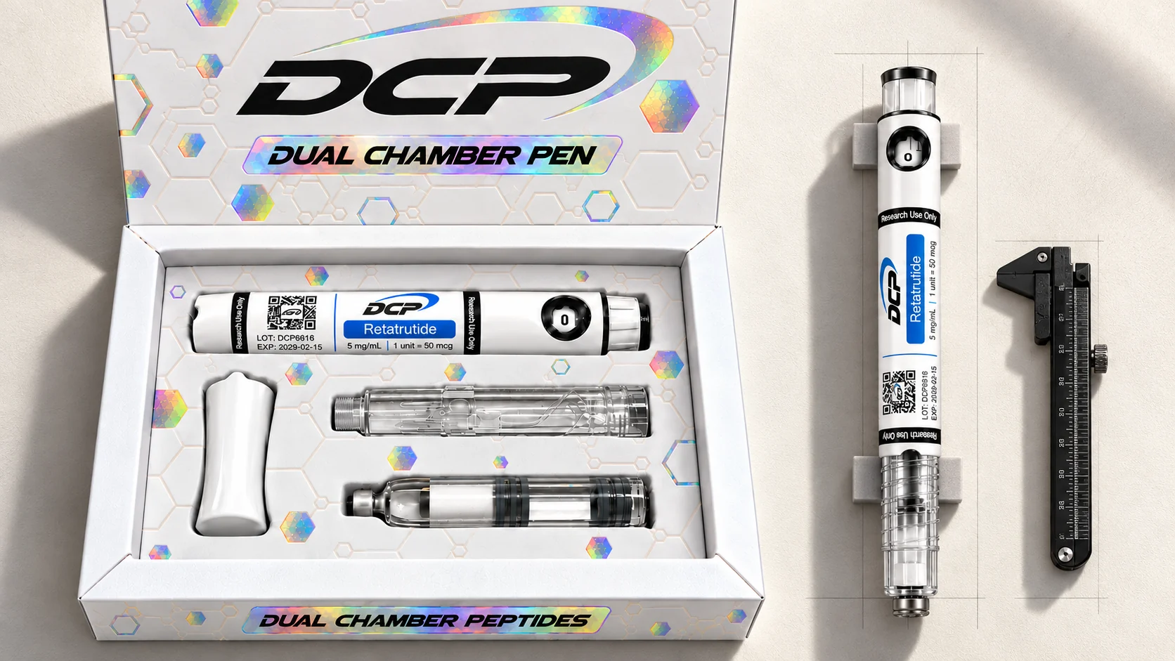 Dual Chamber Peptides — Redakčná kompozícia produktov; nejde o fotografiu skutočných zariadení, príslušenstva ani výsledkov testov.